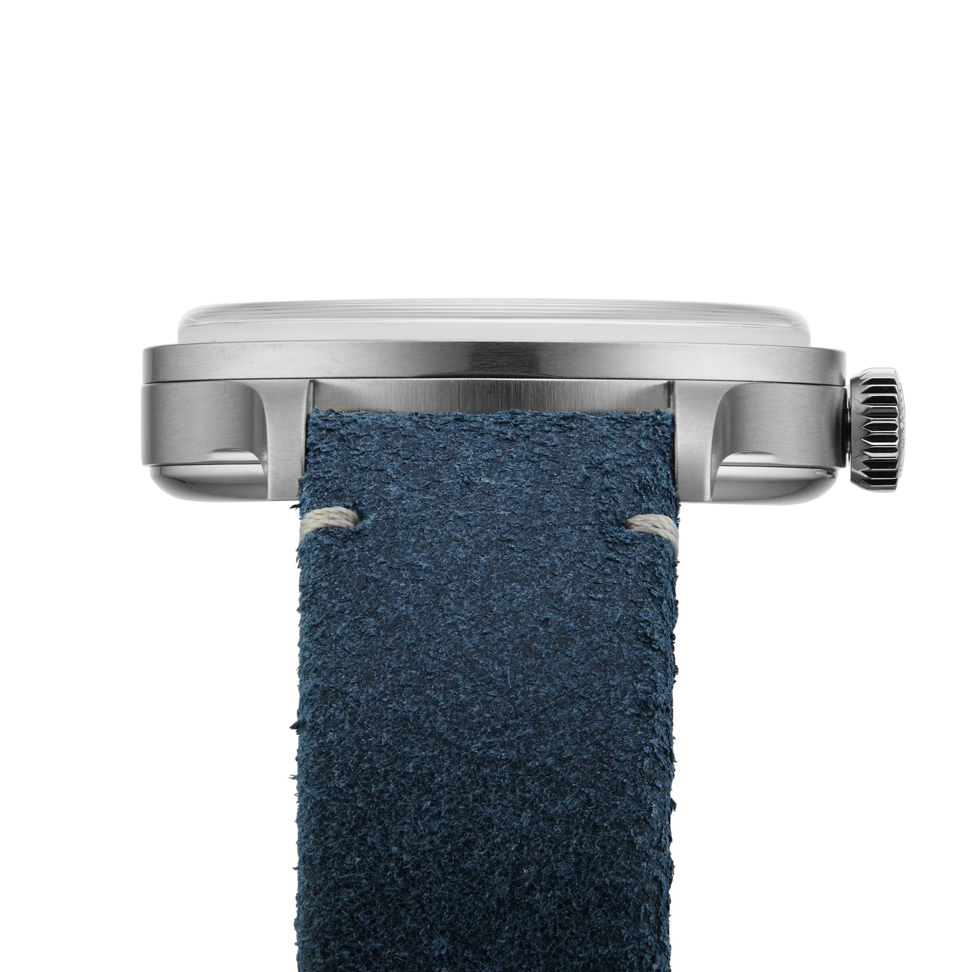 Close-up side view of the Longines Sector Dial wristwatch featuring a stainless steel case, blue suede strap, and powered by the precise L893 calibre movement.