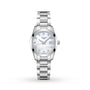 The Longines Conquest Classic wristwatch features a stainless steel case and band, white mother-of-pearl dial with silver hands, diamond hour markers, and a date display at 3 oclock, shown on a white background.