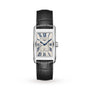 The Longines DolceVita features a stainless steel rectangular case, white dial with blue Roman numerals, black leather strap, and date window at 6 o’clock.