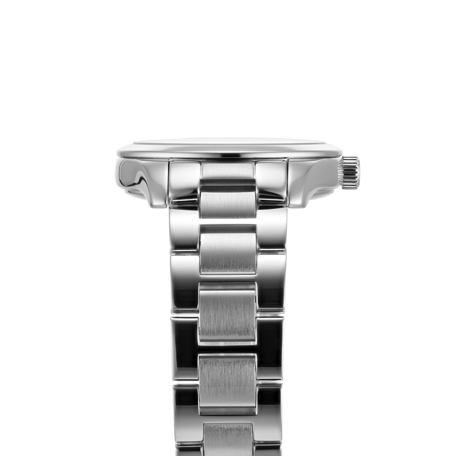 Side view of the Longines Conquest Classic wristwatch, showcasing its stainless steel case, metal link bracelet, and visible crown, photographed against a white background.