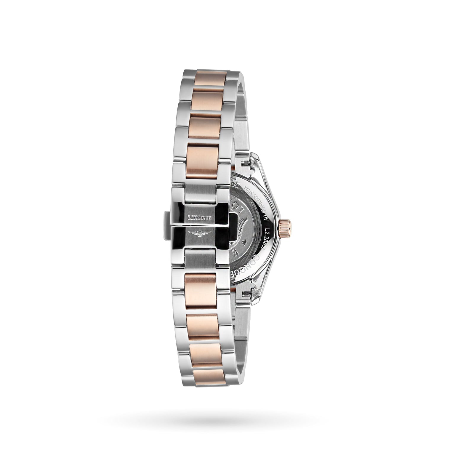 A close-up of the back of a Longines Conquest Classic wristwatch with a stainless steel and PVD bracelet in silver and rose gold, highlighting the clasp and case back on a white background.