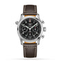 The Longines Spirit Chronograph, a stainless steel wristwatch with black dial, three subdials, white markers, and brown leather strap, features the L688.4 calibre movement and is shown against a white background.