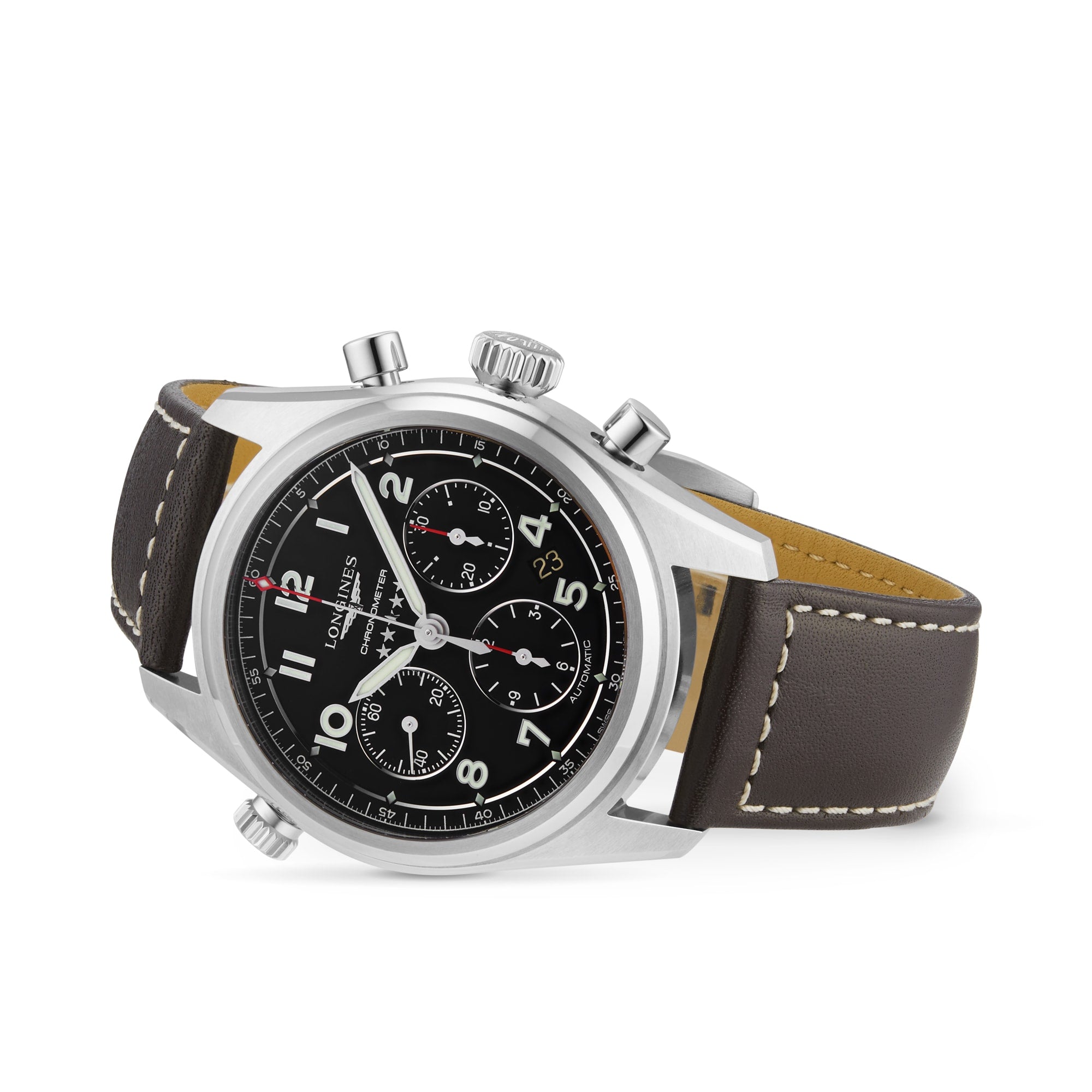 The Longines Spirit Chronograph features a stainless steel case, black dial with three subdials, brown leather strap with white stitching, and is powered by the precise L688.4 calibre movement.