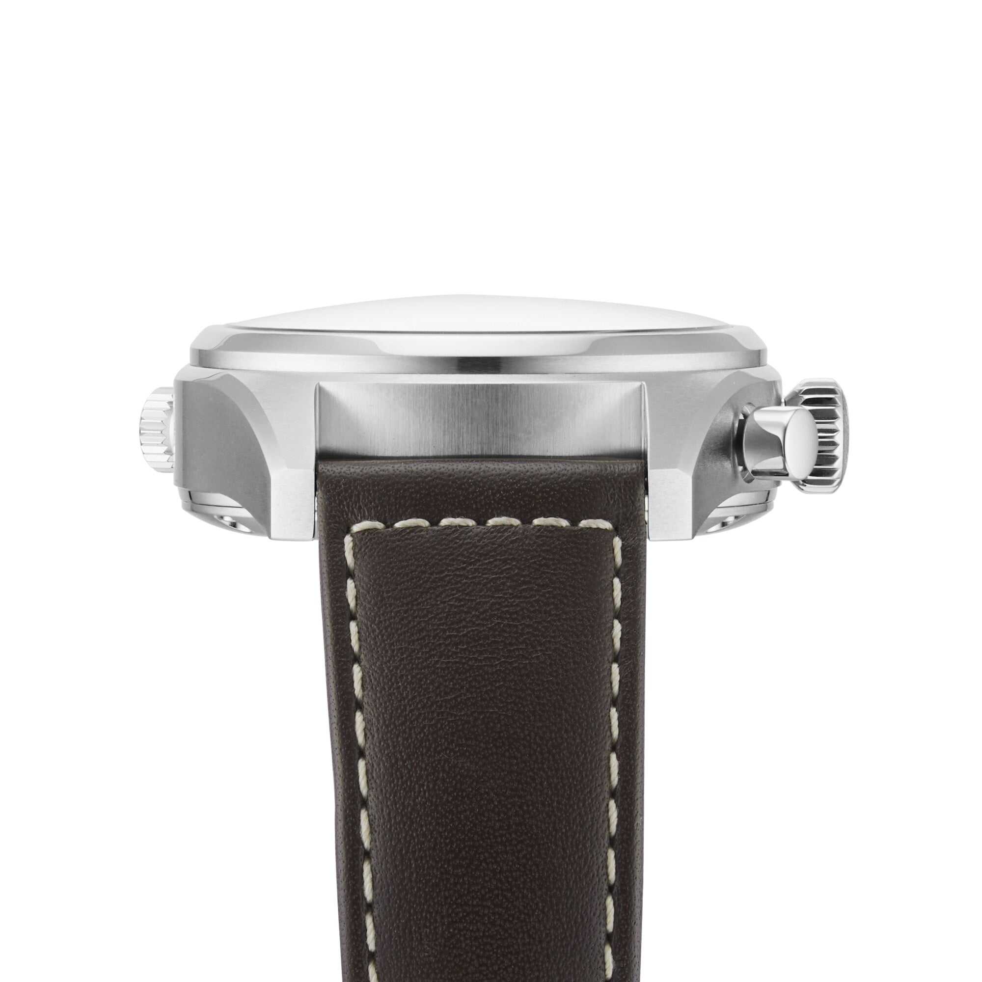 Side view of the Longines Spirit Chronograph, featuring a silver case, crown, and dark brown leather strap with white stitching, powered by the precise L688.4 calibre movement.