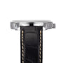 Side view of the Longines Flagship Heritage wristwatch with a black leather strap featuring white stitching, Swiss Super-LumiNova accents, and a silver case with crown on the right side.