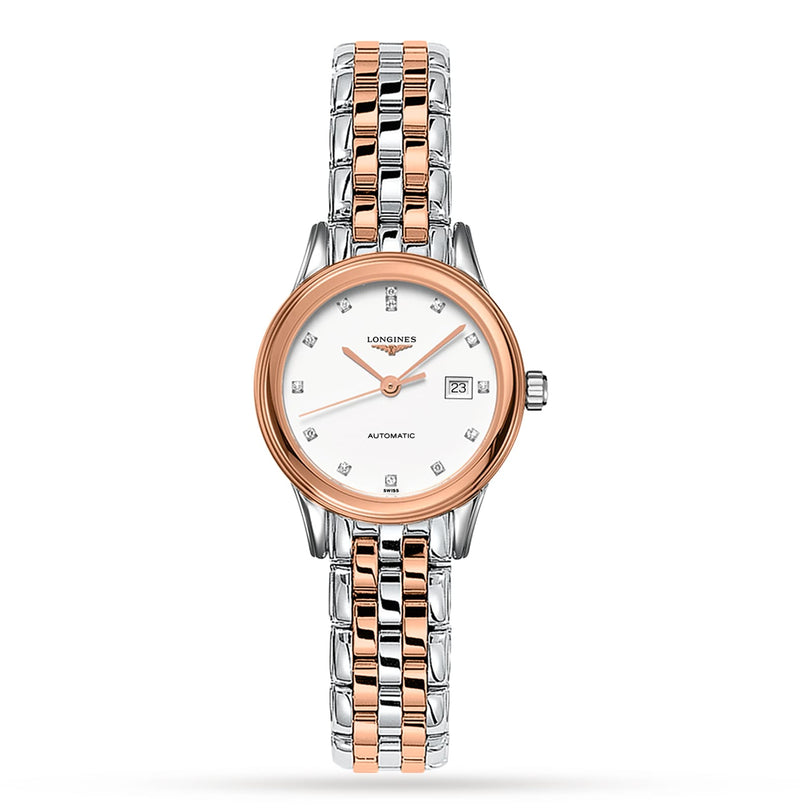 The Longines Flagship is a two-tone women’s wristwatch with a silver and rose gold band, white dial, diamond hour markers, date display, and self-winding calibre movement inspired by classic watches.