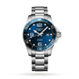 The Longines HydroConquest is a stainless steel diving watch featuring a blue dial, silver hour markers, date at 3 o’clock, and a unidirectional rotating bezel—an ideal choice for diving enthusiasts.