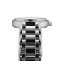 Side view of the Longines PrimaLuna Moonphase, showcasing its slim stainless steel case, crown, and reflective link bracelet set against a white background.