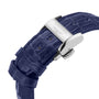 Close-up of the Longines Master Collection Moonphases blue alligator leather strap with a polished stainless steel clasp, engraved with the Longines logo—an elegant match for this refined timepiece.