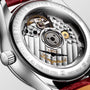 Close-up of the back of the Longines Master Collection Moonphase watch, highlighting its L899 calibre movement, engraved details, and stainless steel case.