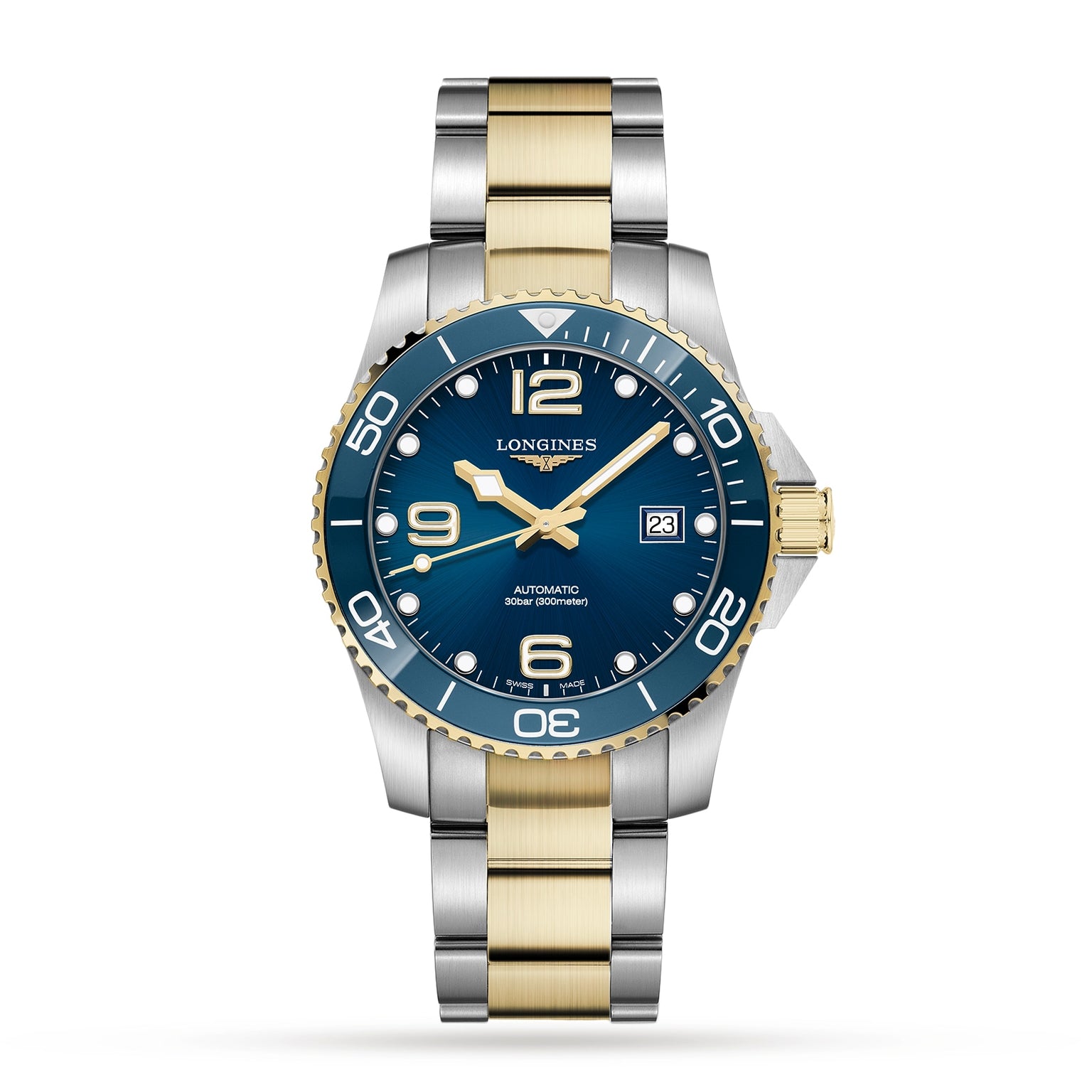 The Longines HydroConquest is a two-tone stainless steel and gold diving watch featuring a blue dial, gold hands, date window, rotating bezel, and displaying the Longines logo with automatic movement text.