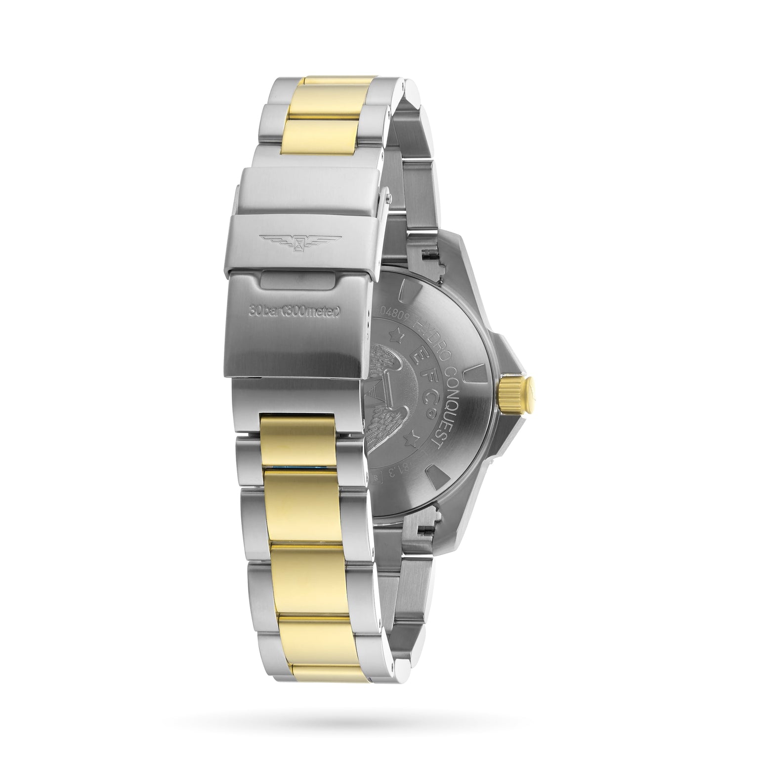 A close-up of the back of a Longines HydroConquest watch with a two-tone silver and gold metal band and an engraved stainless steel case back.