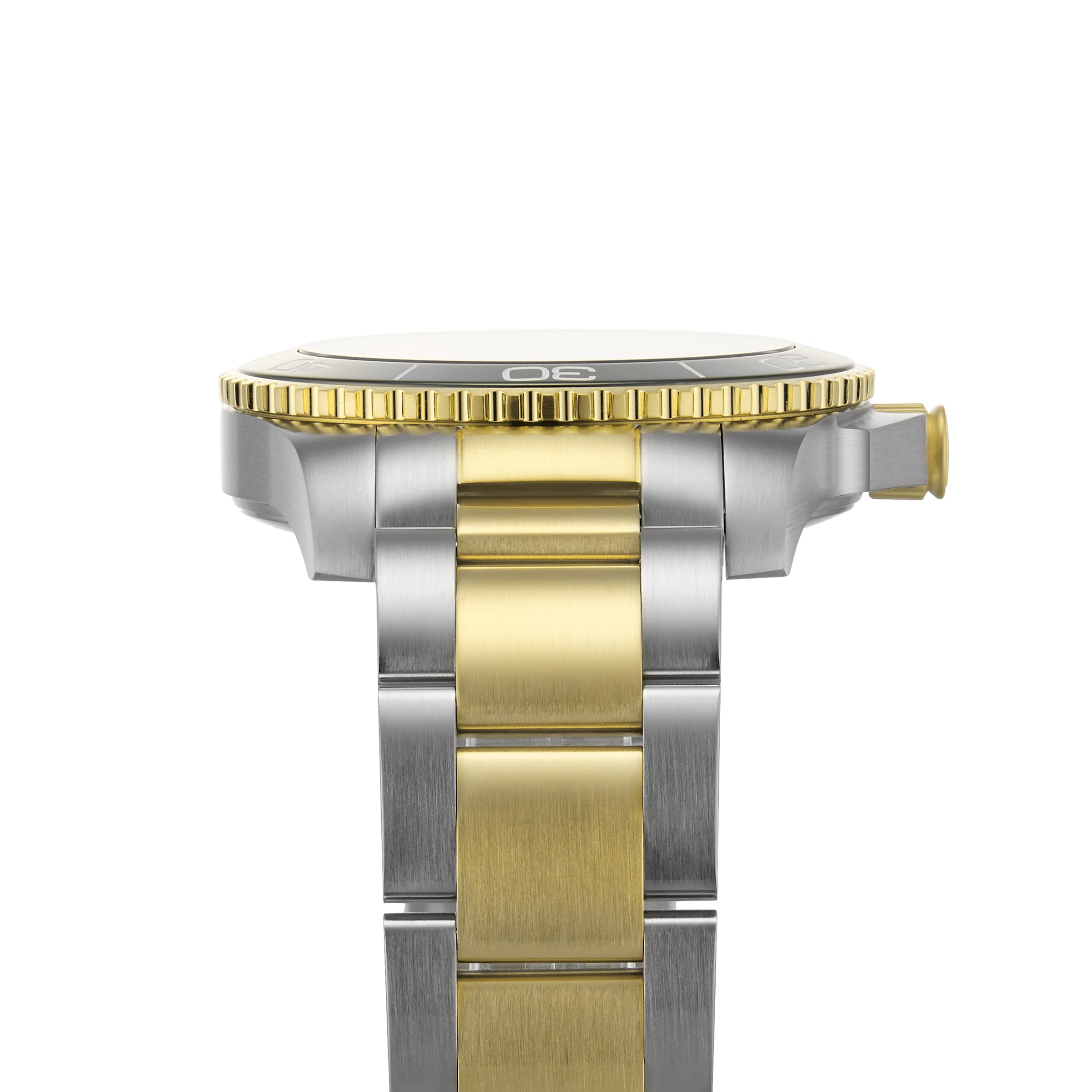 A close-up side view of the Longines HydroConquest watch displays its two-tone metal band with gold and silver links and a grooved bezel.