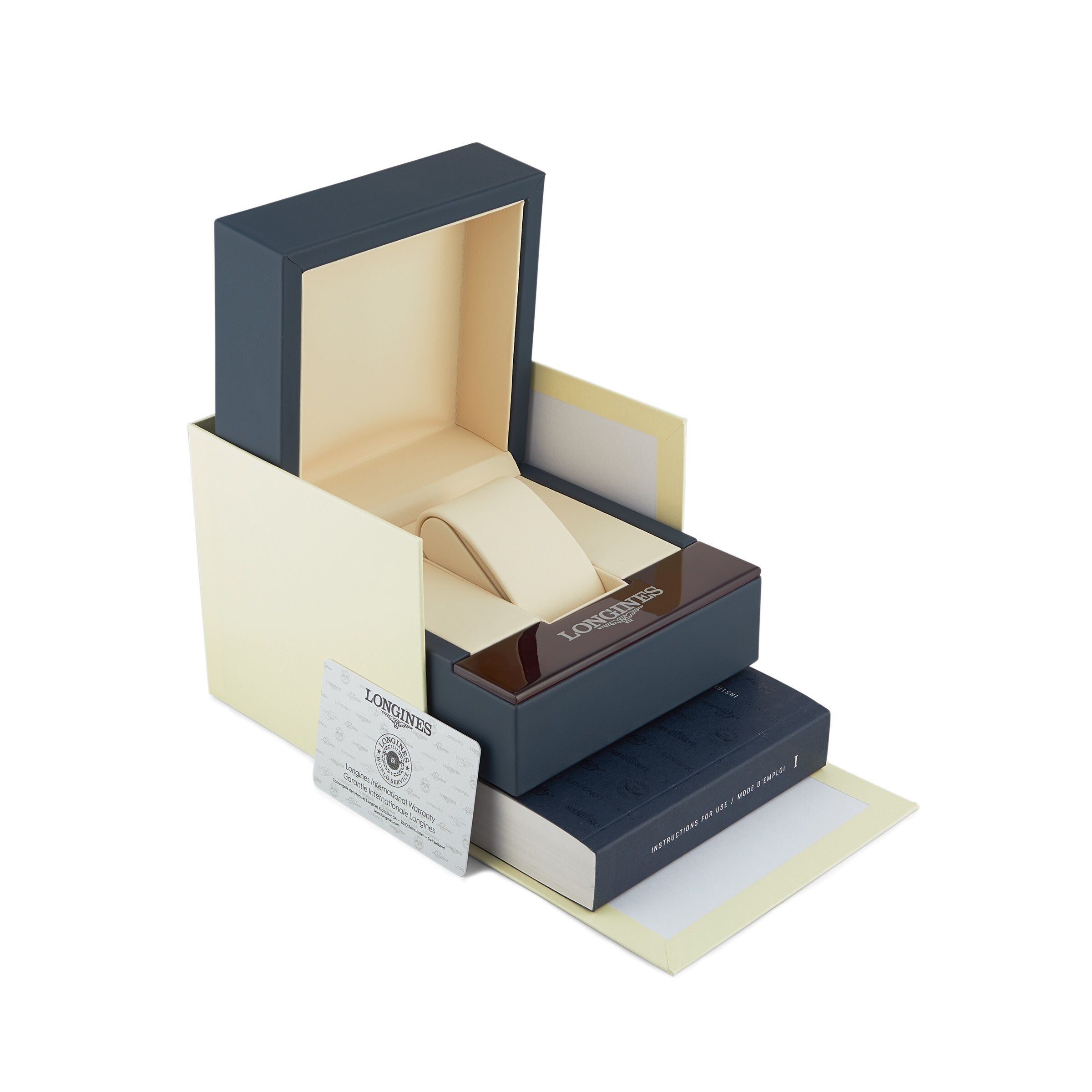 The Longines HydroConquest box set includes the watch, an open display case, branded booklet, and warranty card—all showcased on a white surface, ideal for diving watch enthusiasts.