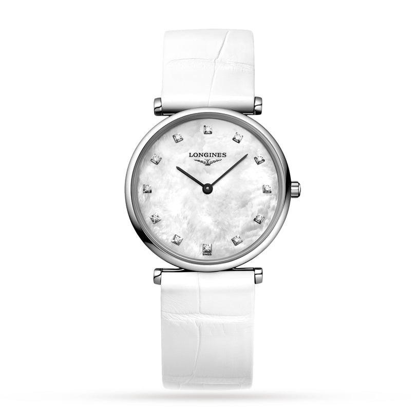 A Longines La Grande Classique de LONGINES wristwatch featuring a white mother-of-pearl dial with diamond hour markers, L420 quartz calibre movement, and a white leather strap.