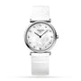 A Longines La Grande Classique de LONGINES wristwatch featuring a white mother-of-pearl dial with diamond hour markers, L420 quartz calibre movement, and a white leather strap.