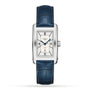 The Longines DolceVita watch features a rectangular stainless steel case, white dial with black numerals, blue hands, date at 6 o’clock, L592 movement, and a blue leather strap.