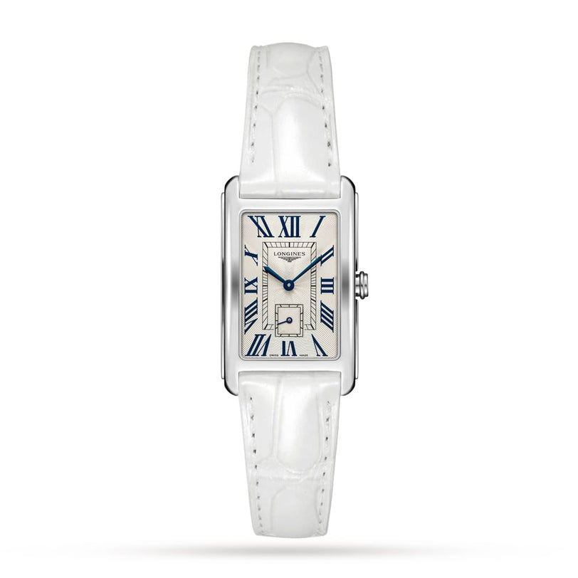 The Longines DolceVita features a rectangular silver case, white leather strap, white dial with blue Roman numerals and two blue hands, quartz movement, and a small seconds subdial above 6 o’clock for contemporary elegance.