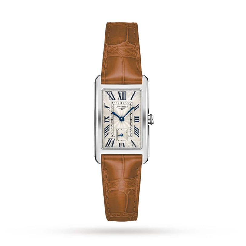 The Longines DolceVita features a rectangular case, white dial with black Roman numerals, blue hands, small seconds subdial, and a brown leather strap for timeless elegance.