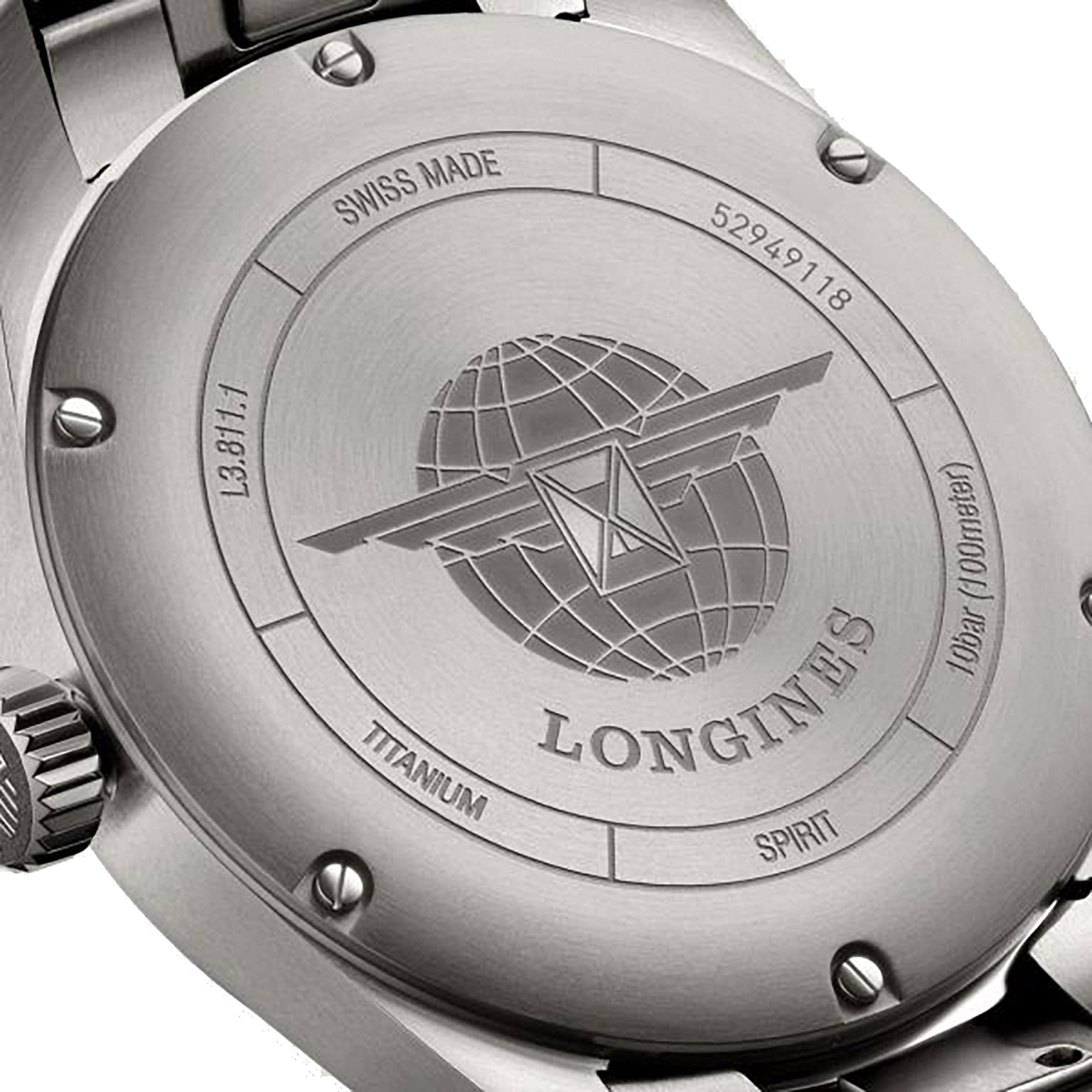 Close-up of the back case of the Longines Spirit watch, featuring the brand logo, an engraved globe, and inscriptions like Swiss Made, Titanium, and serial numbers.