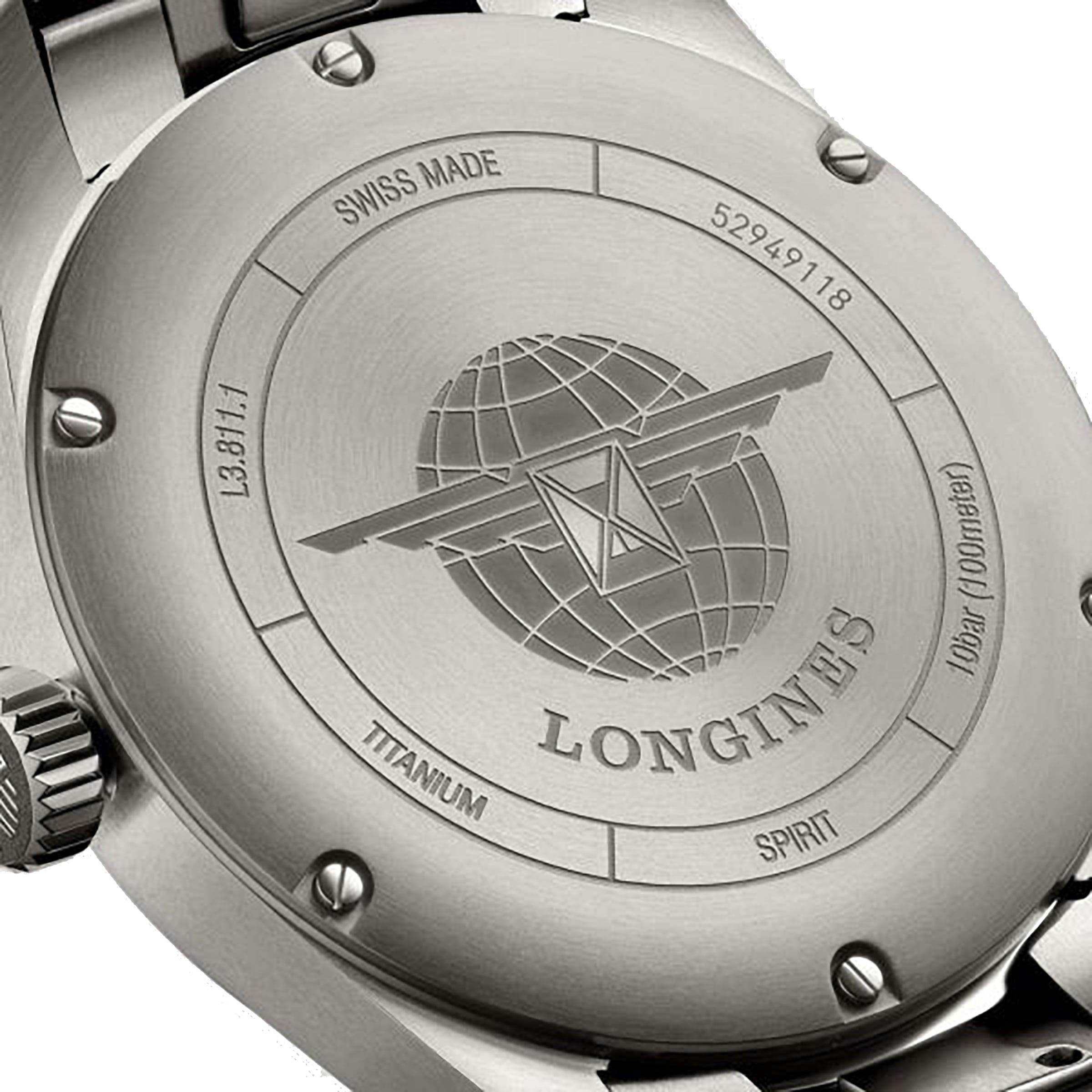 Close-up of the back case of the Longines Spirit watch, featuring the brand logo, an engraved globe, and inscriptions like Swiss Made, Titanium, and serial numbers.