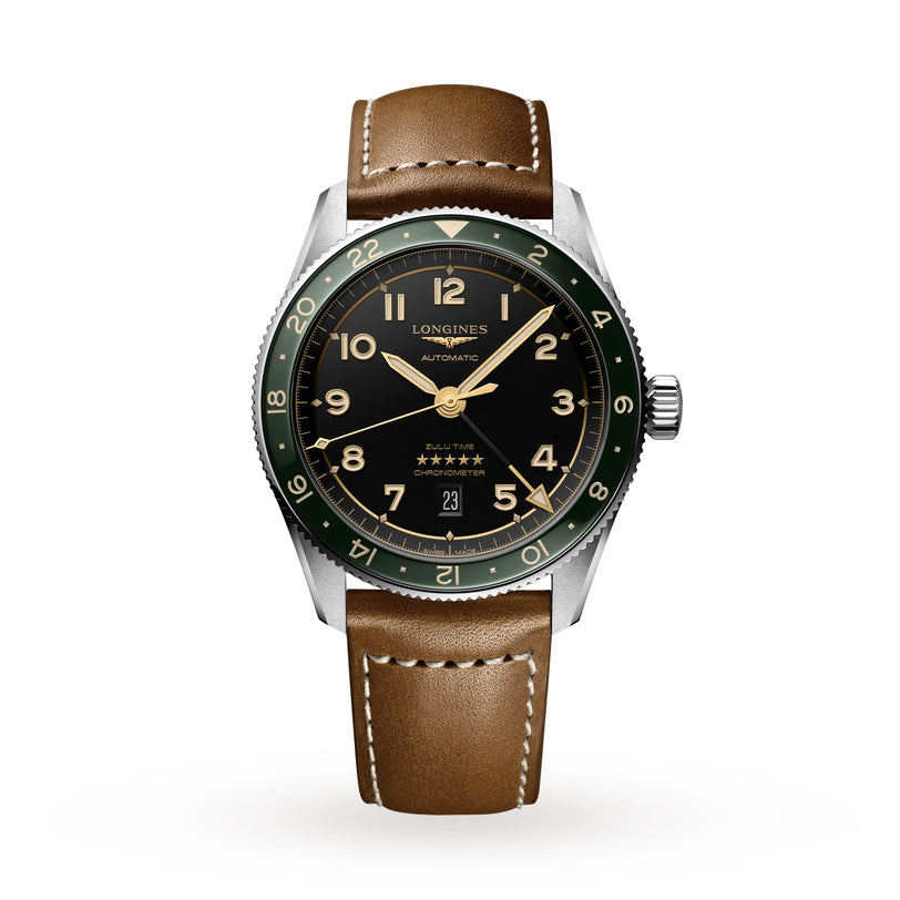 The Longines Spirit Zulu Time wristwatch features a black dial, green bezel, brown leather strap, stainless steel case, date at 6 o’clock, and shows the time as 10:09—an elegant nod to its iconic design.