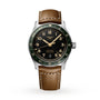 The Longines Spirit Zulu Time wristwatch features a black dial, green bezel, brown leather strap, stainless steel case, date at 6 o’clock, and shows the time as 10:09—an elegant nod to its iconic design.