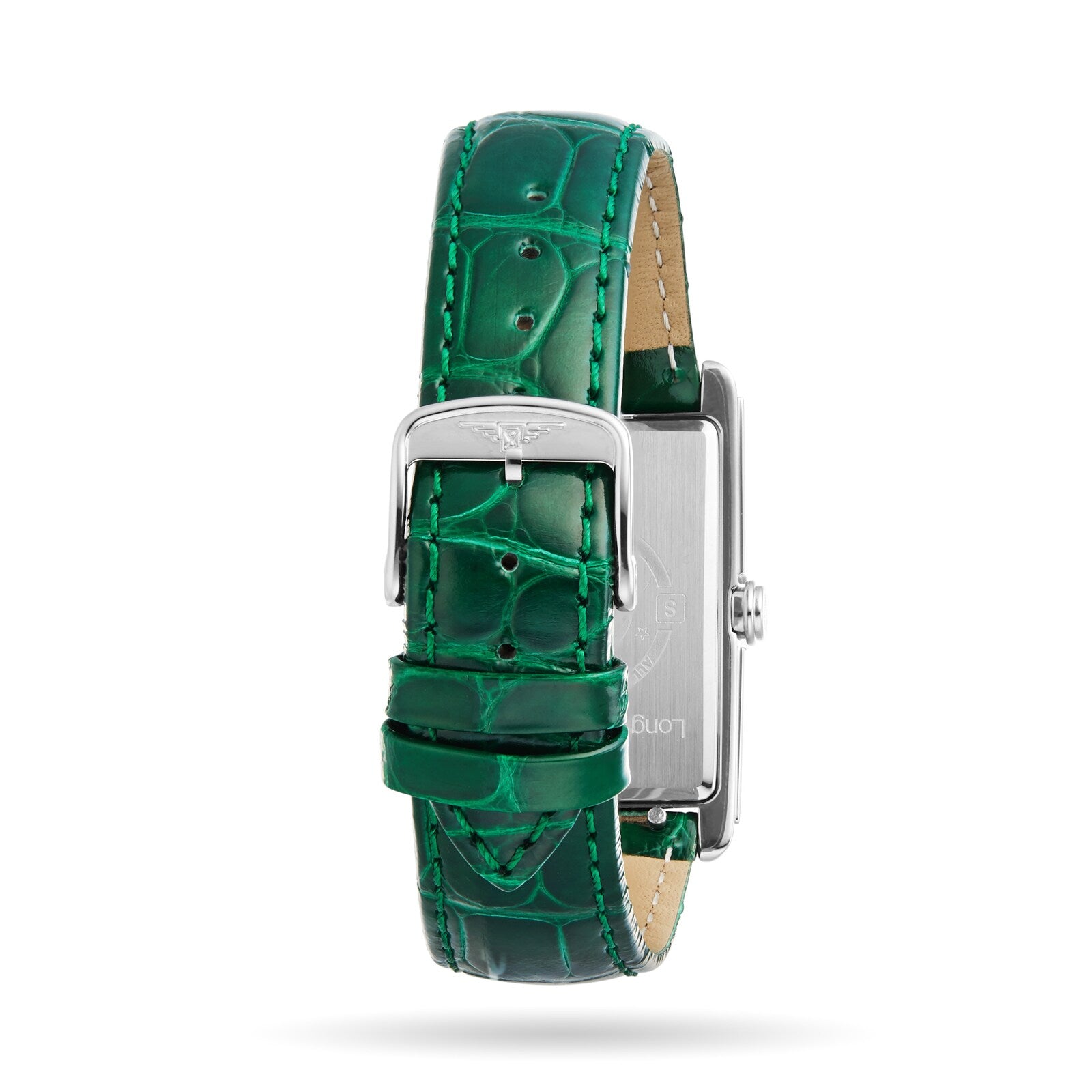 The green leather strap with a silver buckle enhances the rectangular stainless steel case of the Longines DolceVita, offering a blend of timeless style and elegance.