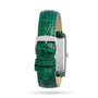 The green leather strap with a silver buckle enhances the rectangular stainless steel case of the Longines DolceVita, offering a blend of timeless style and elegance.