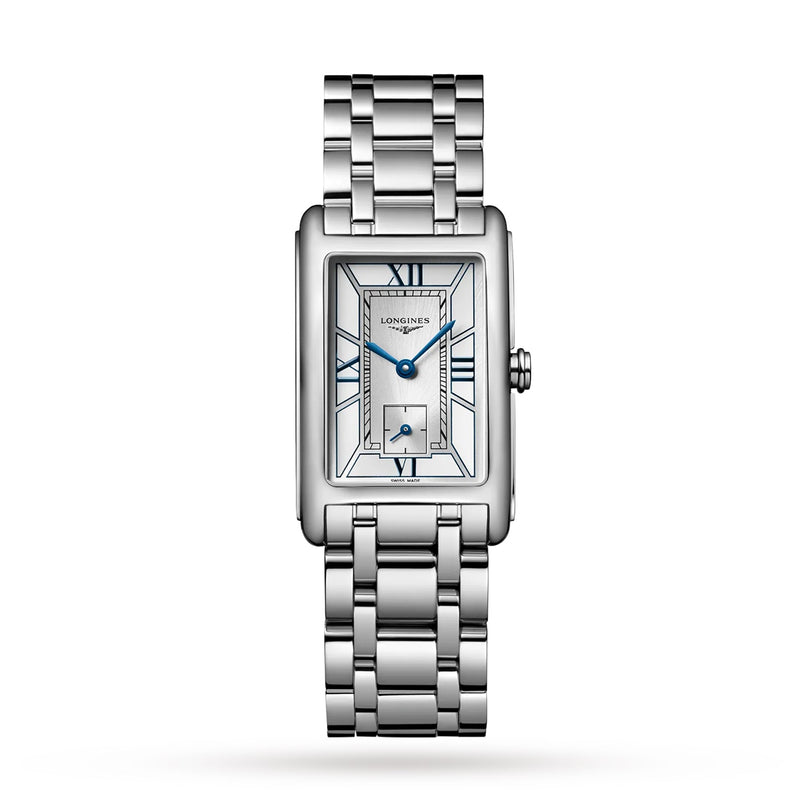 The Longines DolceVita is a rectangular silver wristwatch with a metal link band, Roman numeral markers, blue hands, subdial above 6 o’clock, and precise quartz movement—capturing the collection’s signature elegance.