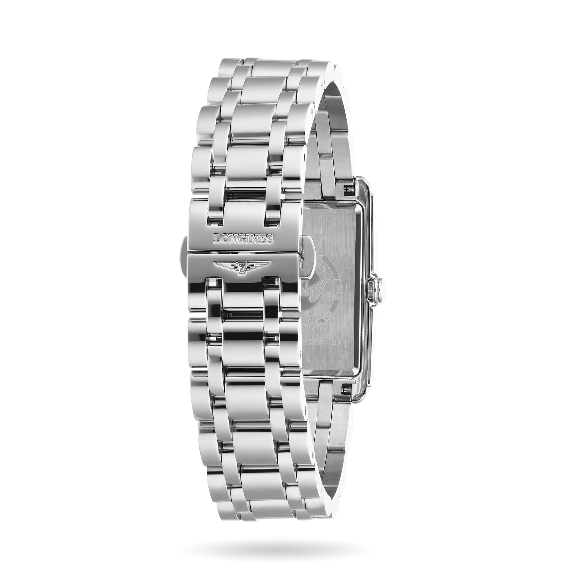 The Longines DolceVita wristwatch features a rectangular face, polished silver metal link bracelet, engraved clasp, and showcases refined elegance with quartz movement, displayed from the back.