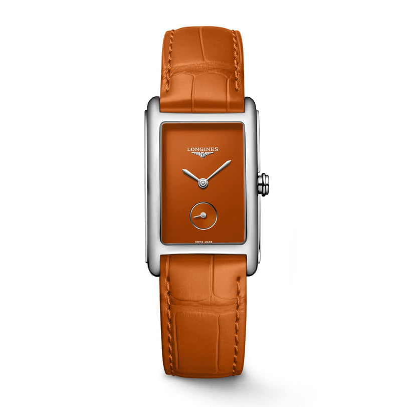 The Longines DolceVita Monochrome is a rectangular silver wristwatch with an orange dial and matching leather strap, featuring a small seconds subdial and quartz movement for timeless elegance.