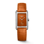The Longines DolceVita Monochrome is a rectangular silver wristwatch with an orange dial and matching leather strap, featuring a small seconds subdial and quartz movement for timeless elegance.