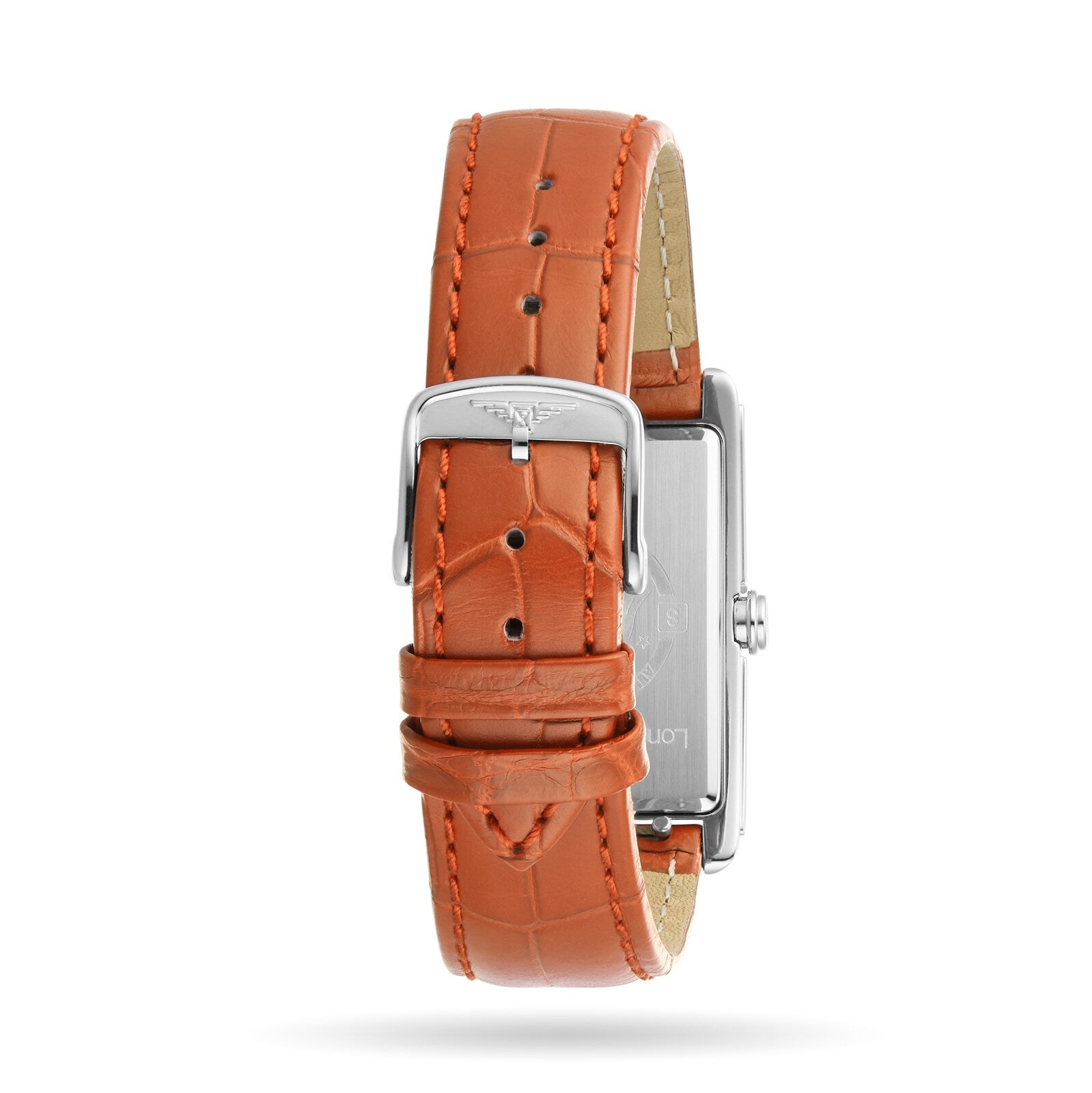 The Longines DolceVita Monochrome is a rectangular watch with a silver case and orange-brown leather strap, shown from the back with a silver buckle. This elegant timepiece features dependable quartz movement.