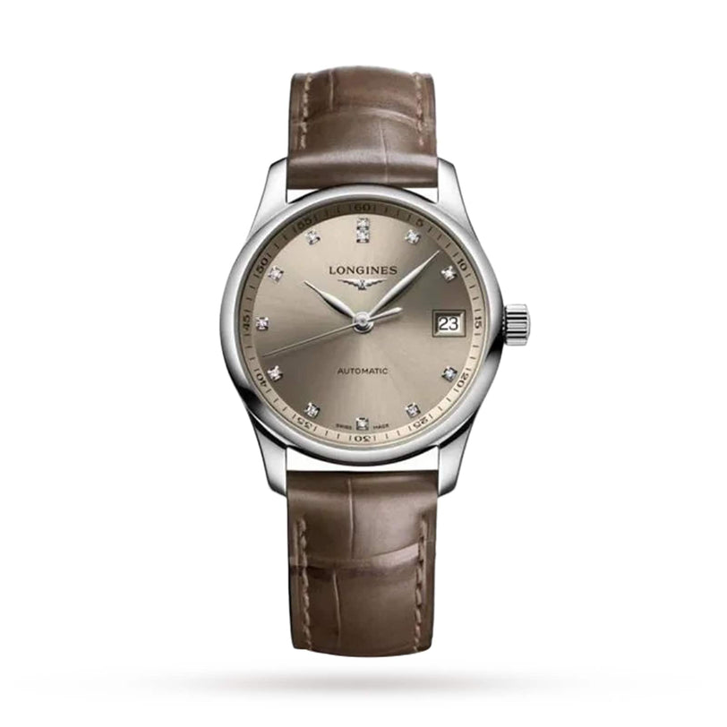 The Longines Master Collection watch features a silver case, taupe leather strap, beige dial with diamond hour markers, date at 3 o’clock, and “Automatic” above 6—a refined luxury timepiece with automatic movement.