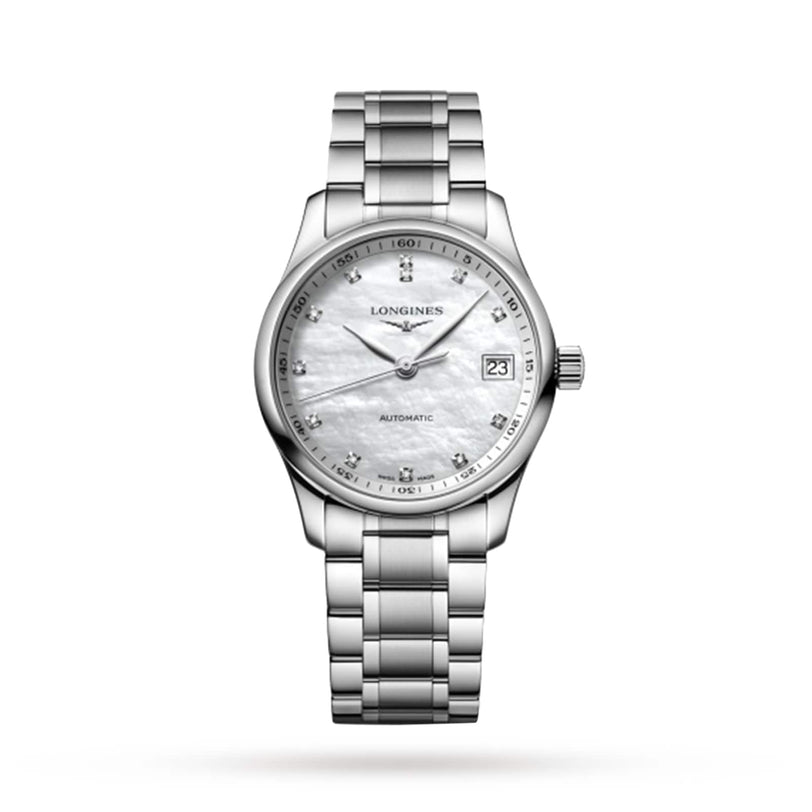 The Longines Master Collection wristwatch features a stainless steel bracelet, round white dial with diamond hour markers, and a date display at 3 o’clock—showcasing refined horological craftsmanship.