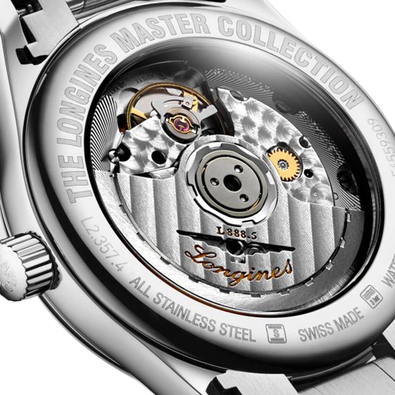 Close-up of the Longines Master Collection watch back, highlighting its automatic movement and expertly engraved stainless steel case.