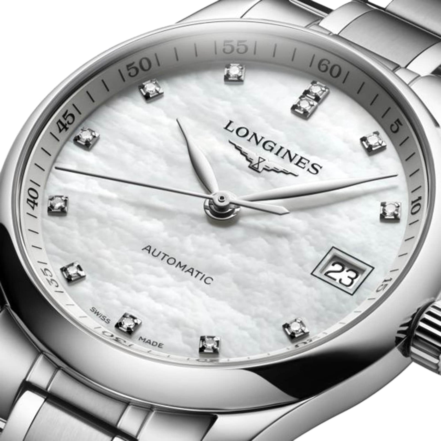Close-up of the Longines Master Collection wristwatch featuring a silver case, white textured dial, diamond hour markers, and date display at 3 o’clock—a refined showcase of Longines’ craftsmanship.