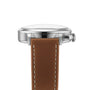 Side view of the Longines Record Chronograph wristwatch with a stainless steel case, domed glass, and a brown leather strap with white stitching and automatic movement.
