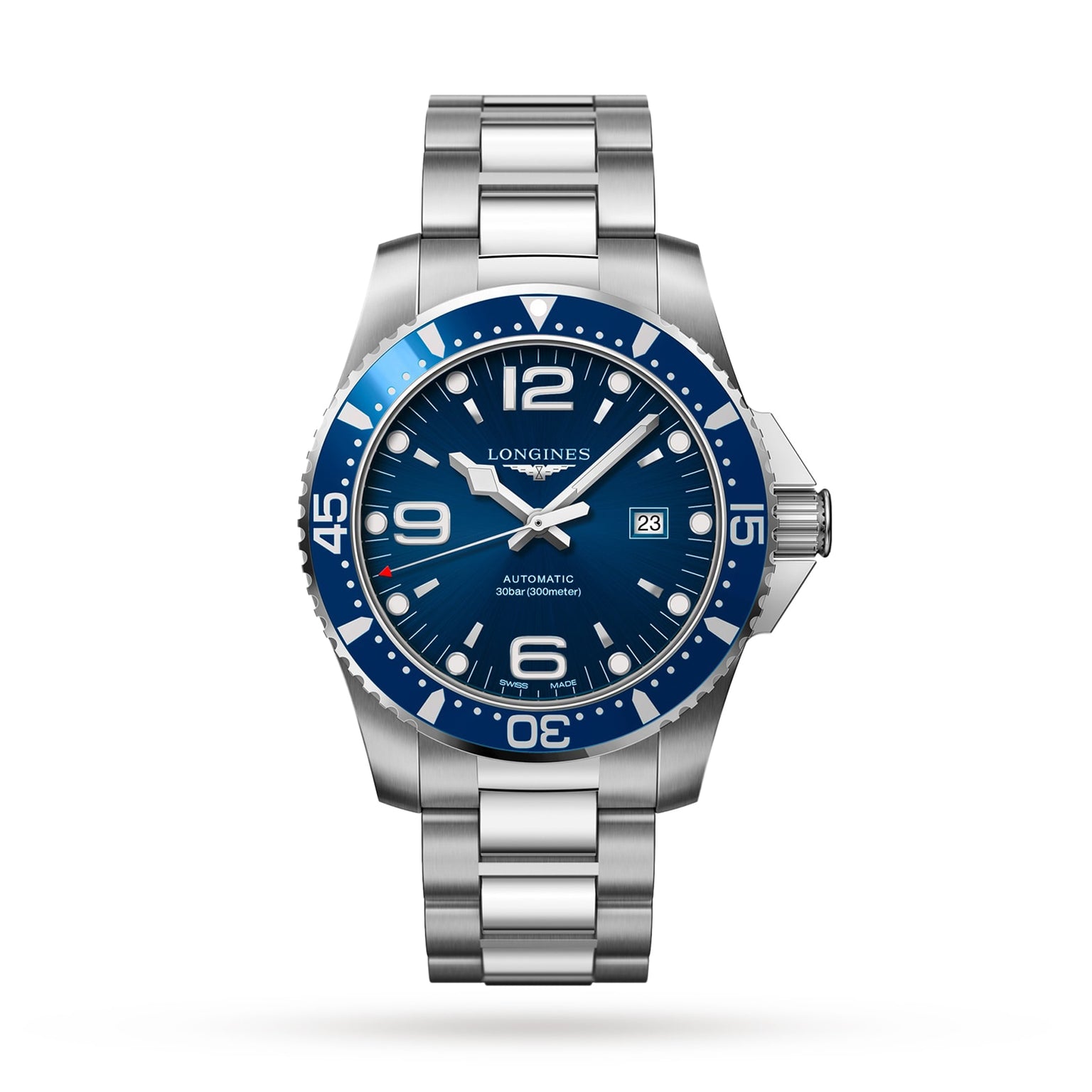 The Longines HydroConquest, a stainless steel Sport Collection wristwatch with automatic movement, features a blue dial, white hour markers, date at 3 o’clock, and rotating bezel, shown against a plain white background.