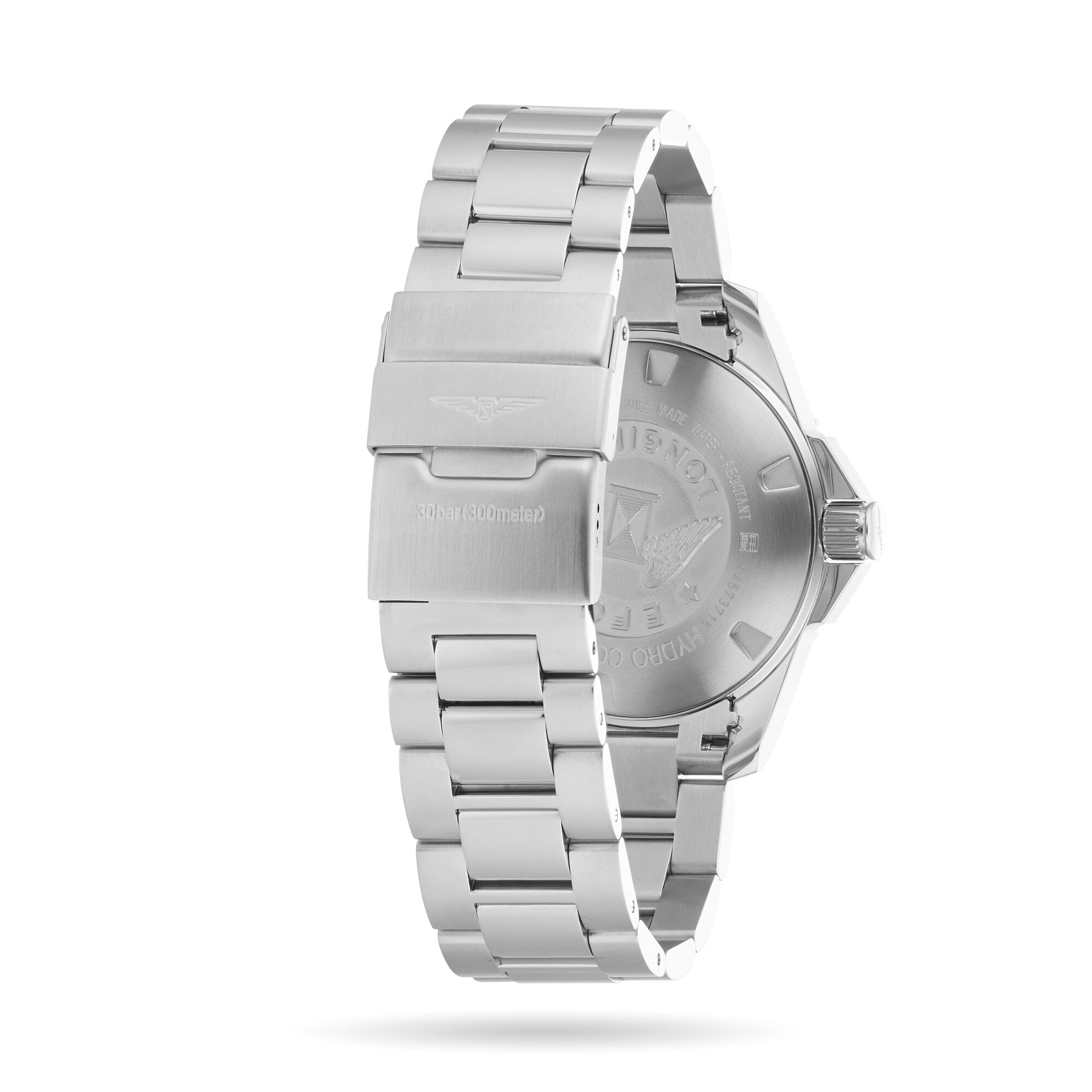 The HydroConquest by Longines is displayed from the back, showcasing its stainless steel bracelet, clasp, engraved case back details, and automatic movement.