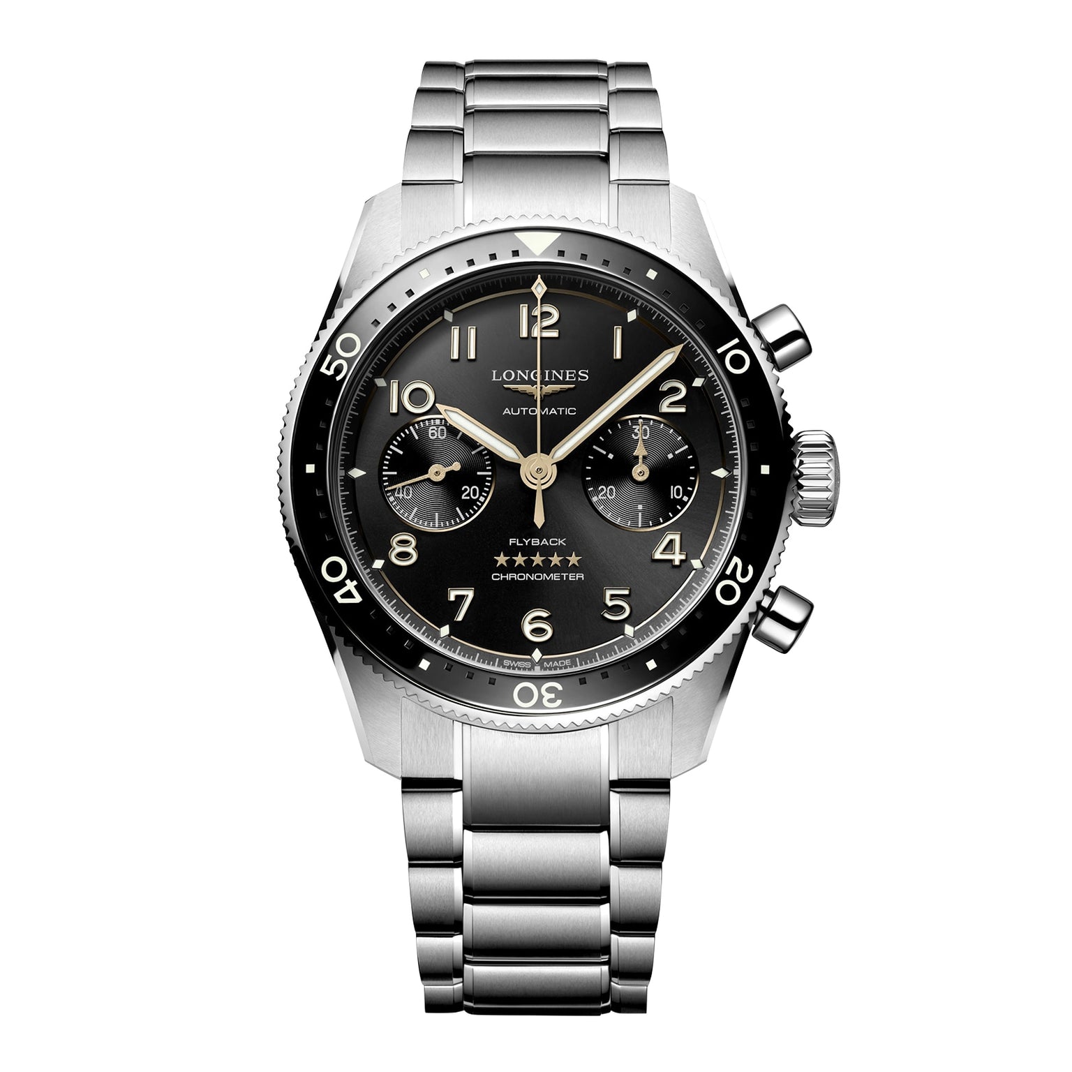The Longines Spirit Flyback is a stainless steel chronograph wristwatch with a black dial, three subdials, and a metal bracelet, reflecting the brand’s historic aviation heritage.