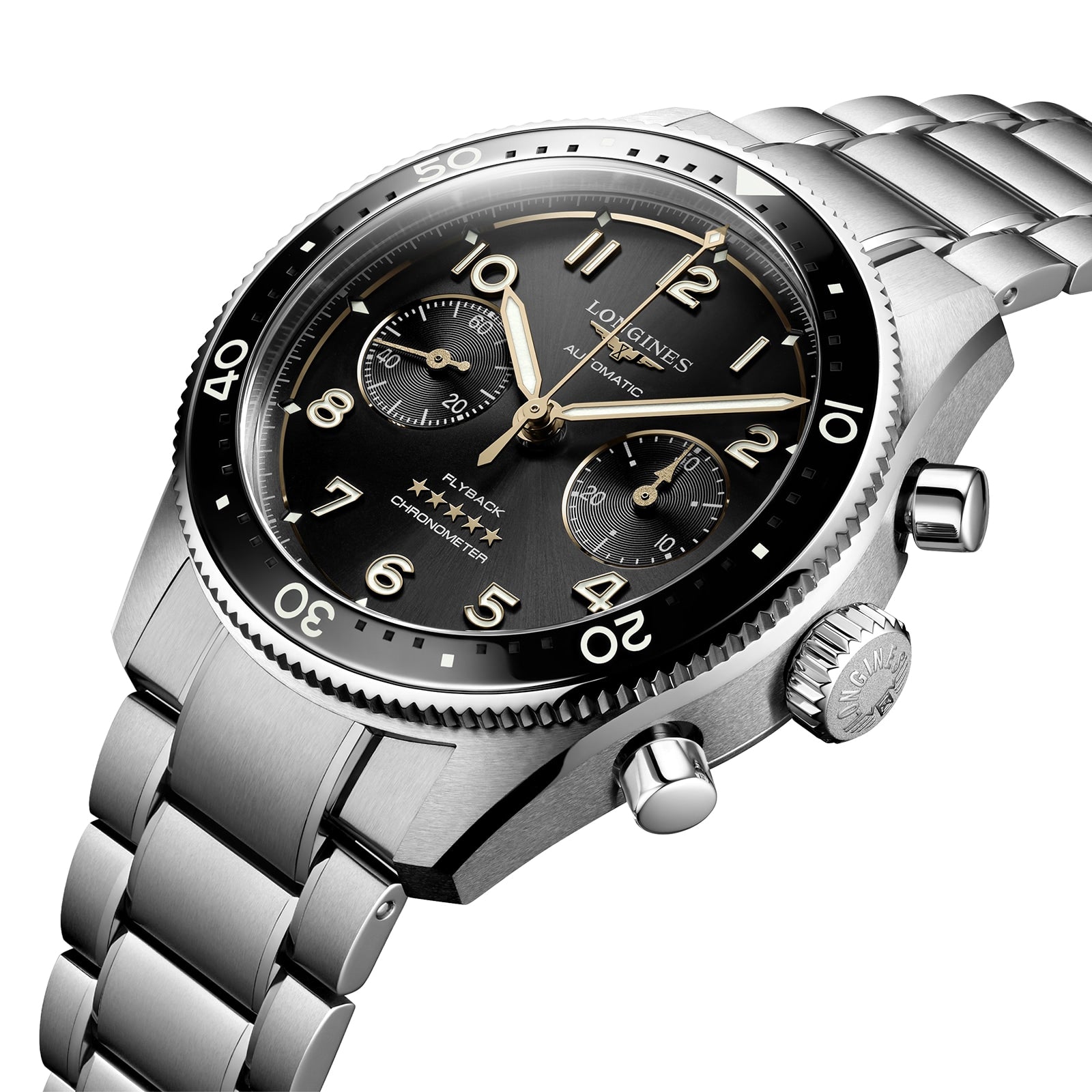 The Longines Spirit Flyback is a stainless steel wristwatch with a black dial, three subdials, and a rotating bezel, showcasing aviation heritage through distinctive branding on the watch face.