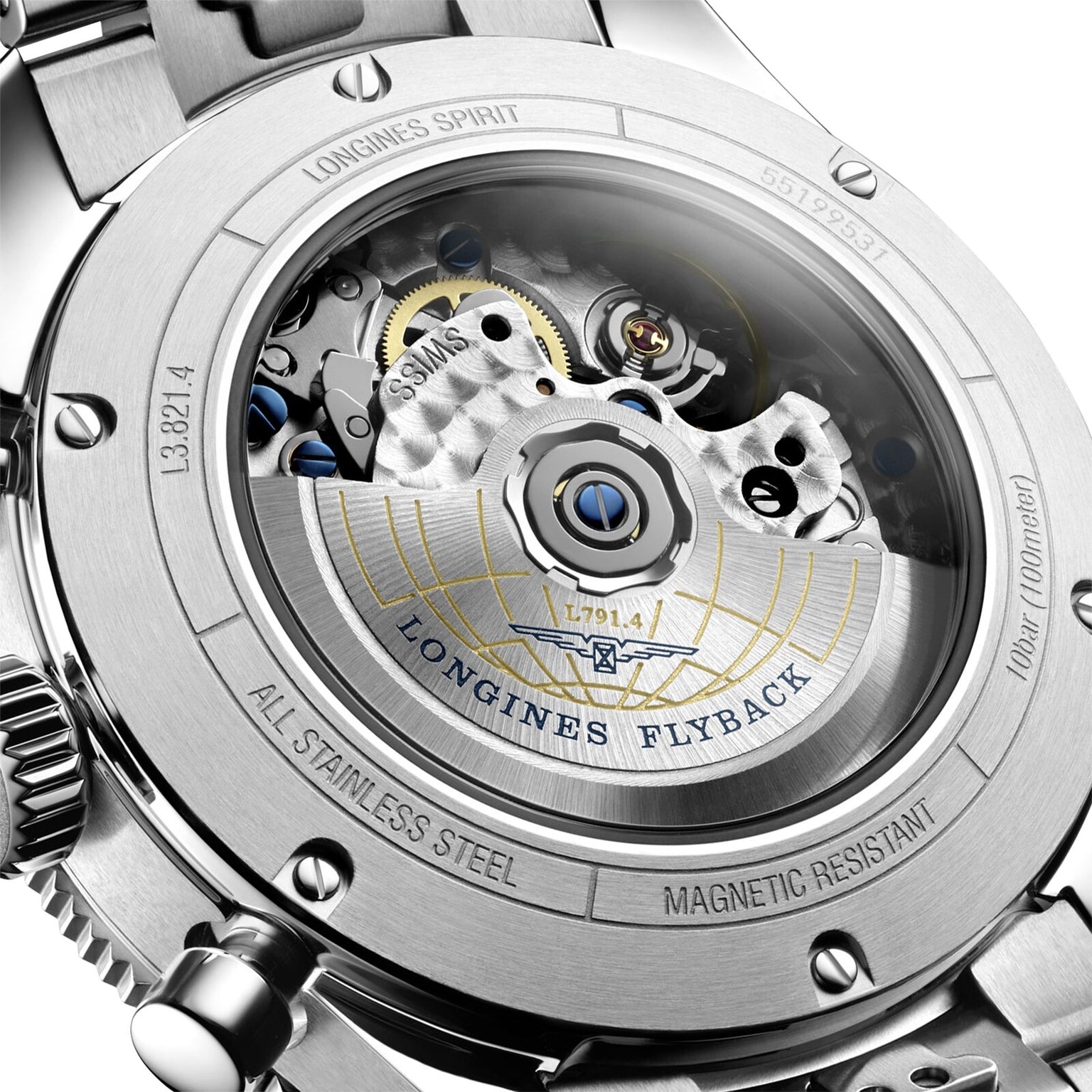 Close-up of the transparent case back of the Longines Spirit Flyback, showcasing its intricate automatic movement and engraved stainless steel details—a tribute to Longines’ aviation heritage.