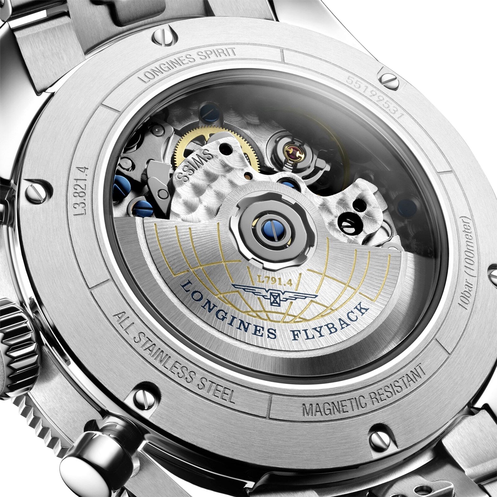 Close-up of the transparent case back of the Longines Spirit Flyback, showcasing its intricate automatic movement and engraved stainless steel details—a tribute to Longines’ aviation heritage.