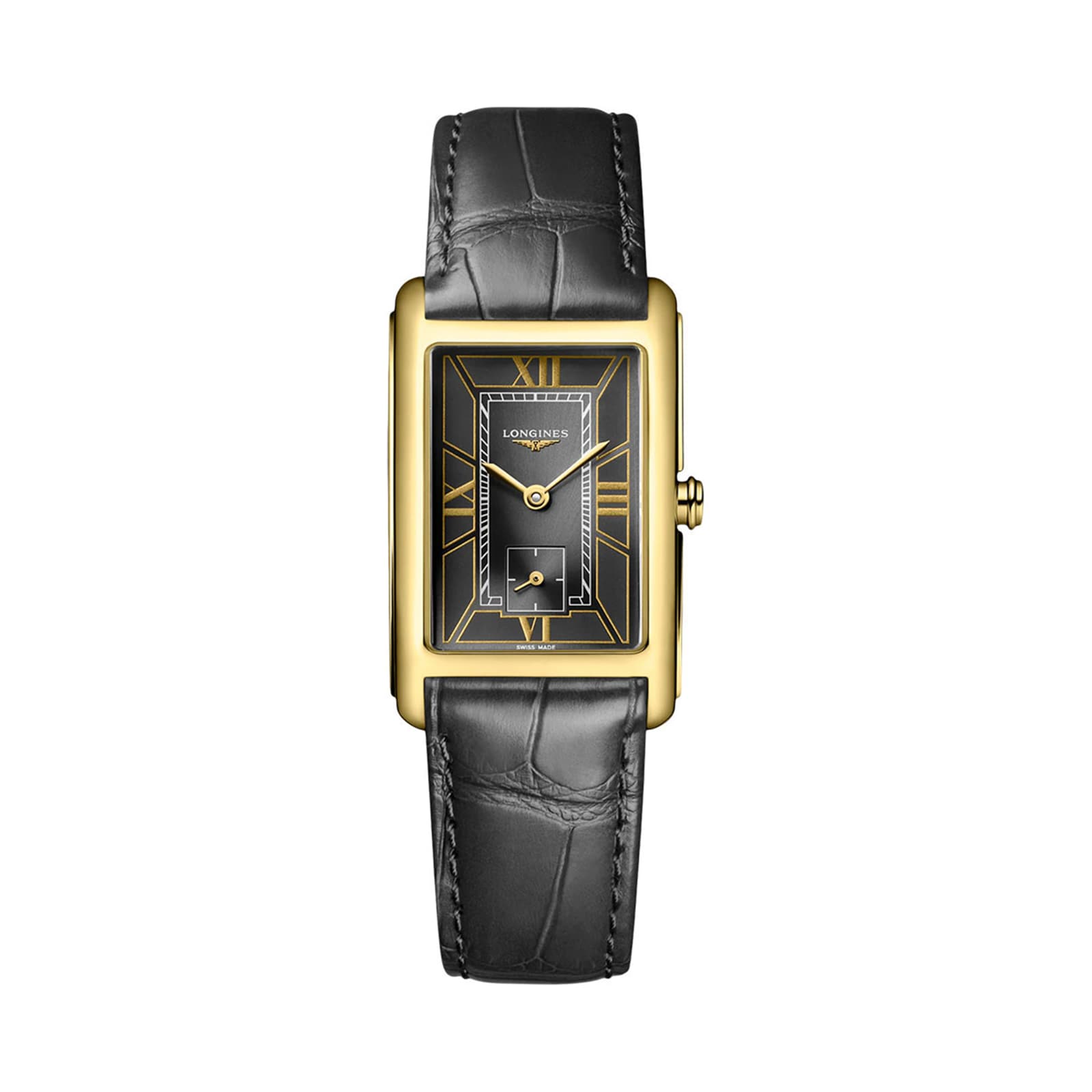 The Longines DolceVita features a gold rectangular case, black leather strap, black dial with gold Roman numerals, and a subdial at 6 o’clock—showcasing contemporary elegance in 18K yellow gold.