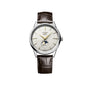 A Longines Flagship Heritage Moonphase wristwatch featuring a white dial, moon phase subdial, gold hands, and a brown leather strap, shown against a white background.