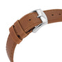 Close-up of the Conquest Heritage brown leather strap by Longines, featuring a silver buckle and embossed logo on the clasp, embodying the renowned Swiss watch accuracy.