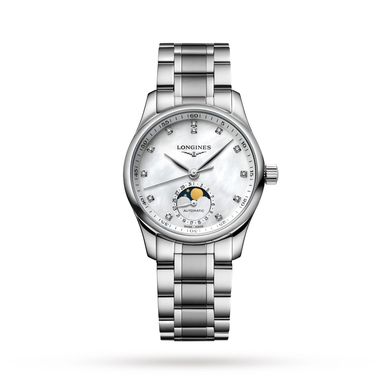 The Longines Master Collection Moonphase features a silver metal band, white dial, diamond hour markers, and a moon phase subdial.