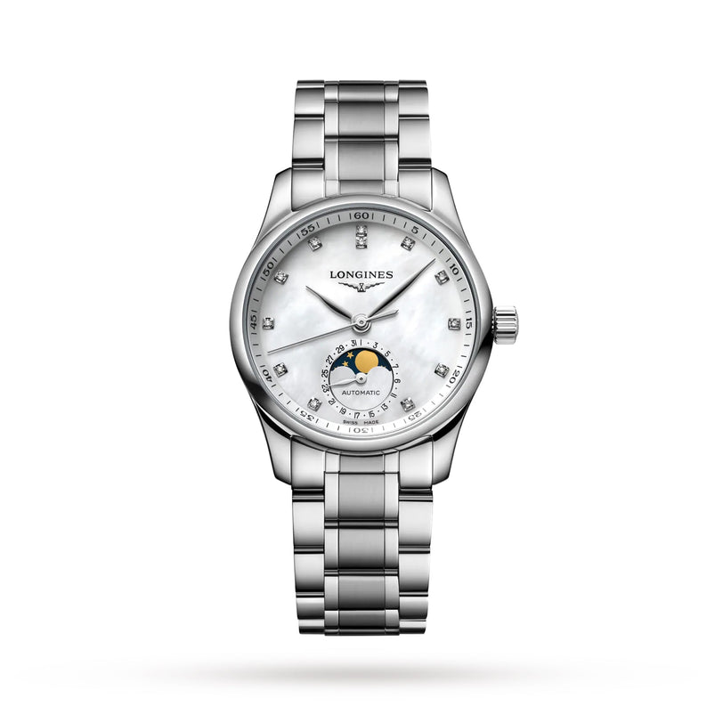The Longines Master Collection Moonphase features a silver metal band, white dial, diamond hour markers, and a moon phase subdial.